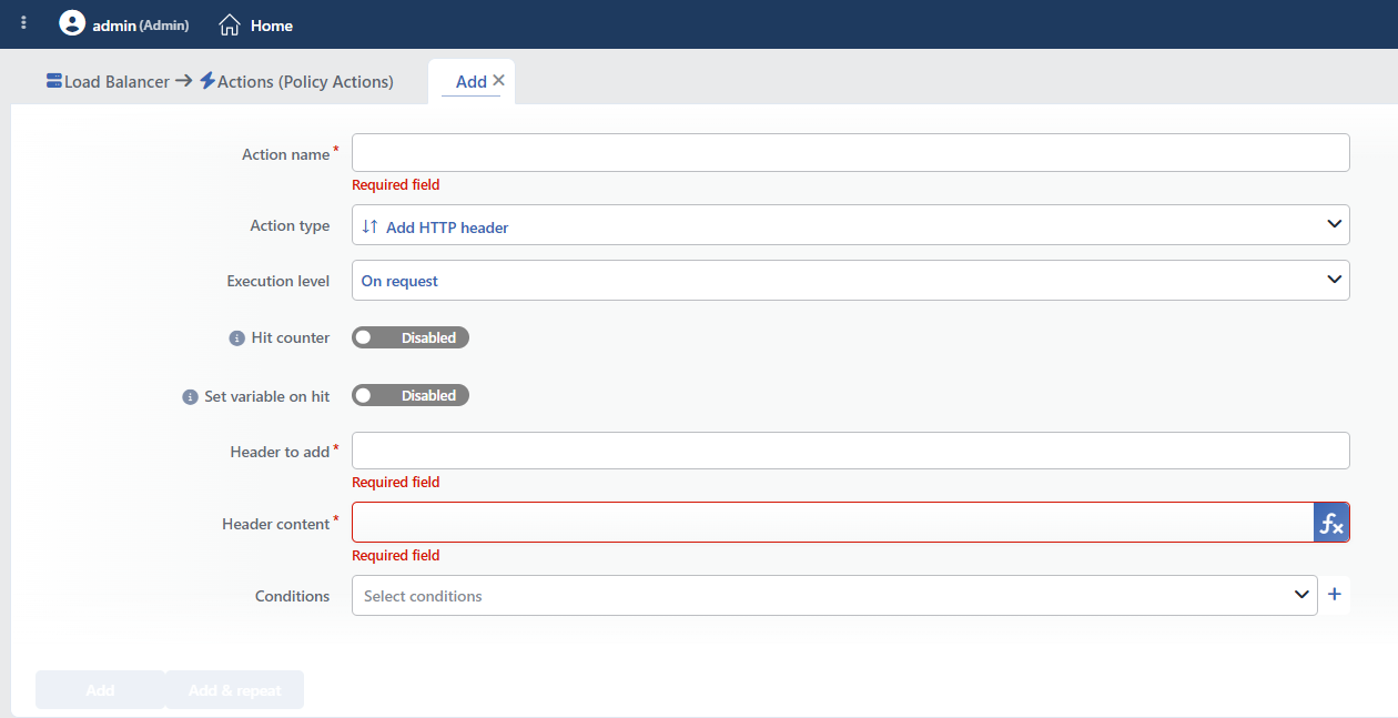 Add HTTP Header Action Add Form