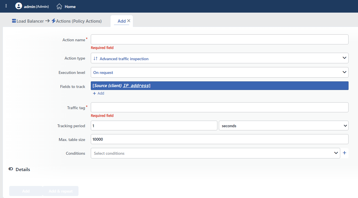 Advanced Traffic Inspection Action Add Form