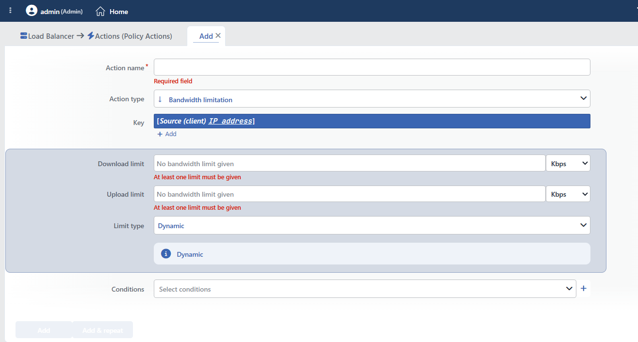 Bandwidth Limitation Action Add Form