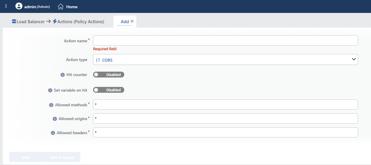 CORS Action Add Form