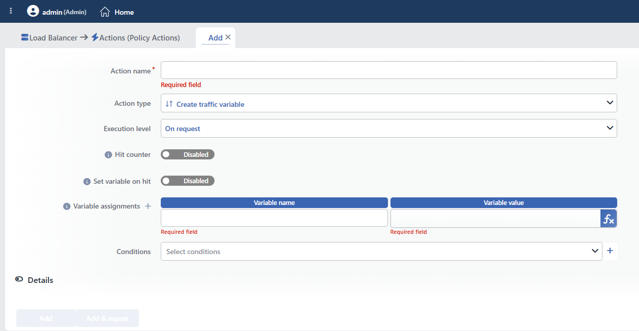Create Traffic Variable Action Add Form