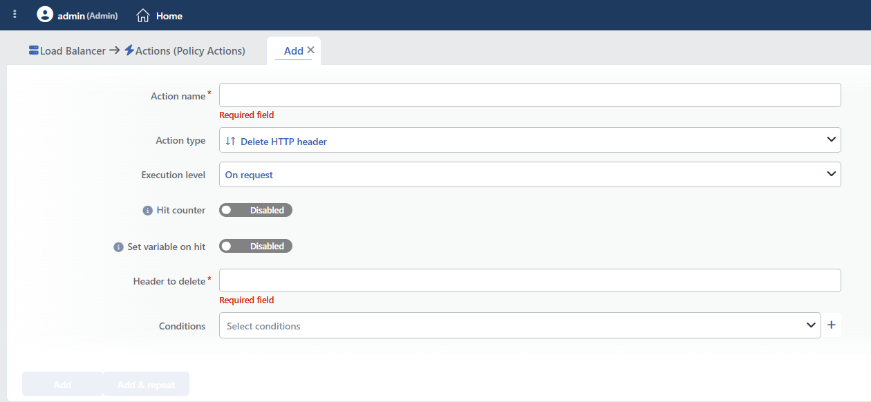 Delete HTTP Header Action Add Form
