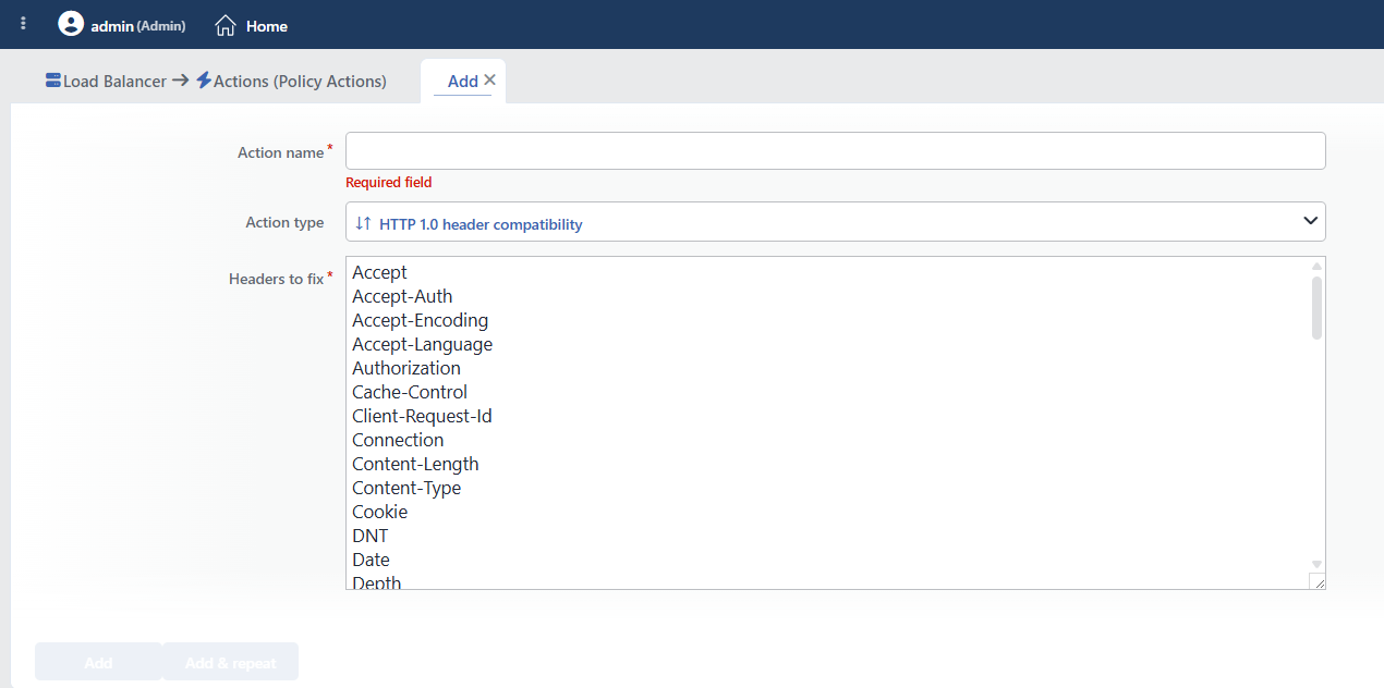 HTTP Header 1.0 Compatibility Action Add Form