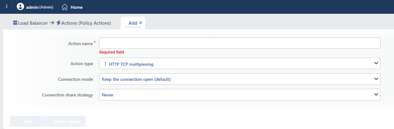 HTTP TCP Multiplexing Action Add Form