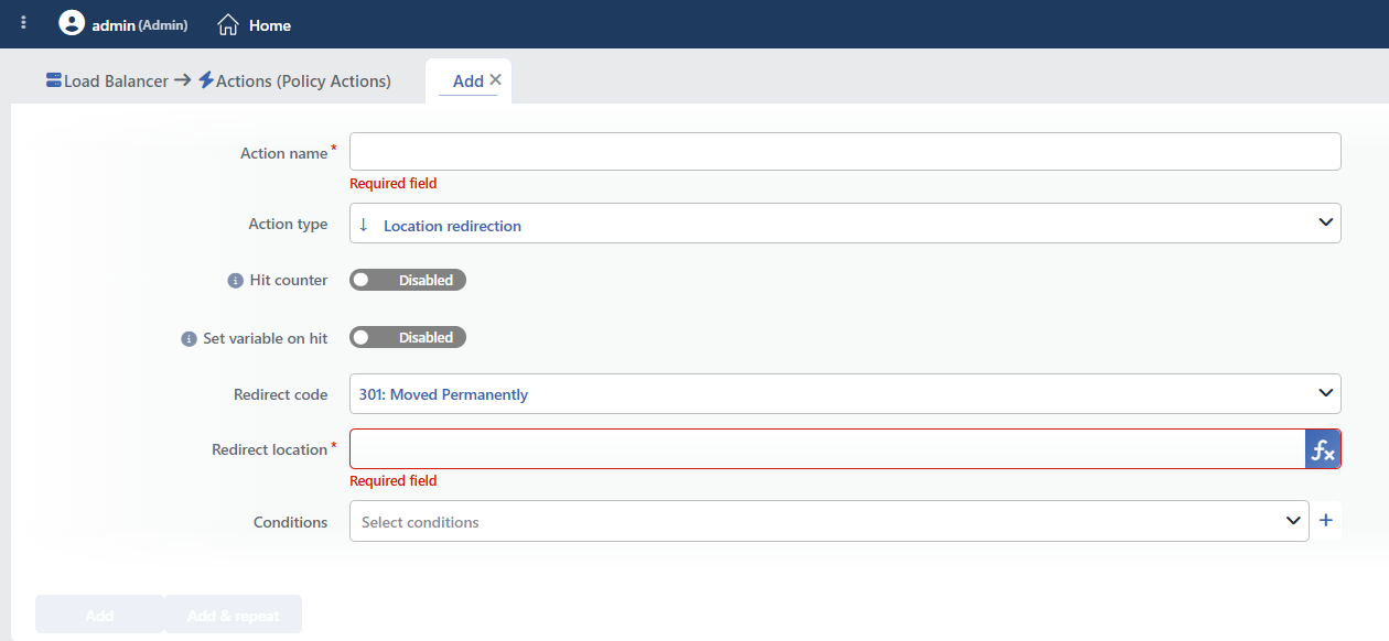 Location Redirection Action Add Form