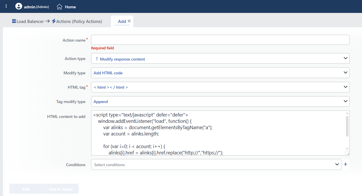 Action Add Form for the Add HTML Code Mode