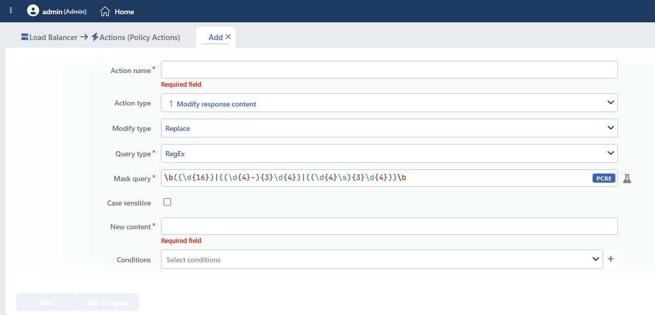Action Add Form for the Replace Mode