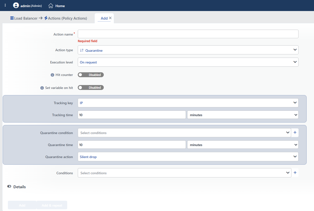 Quarantine Action Add Form