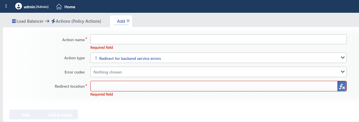 Redirect for Backend Service Errors Action Add Form