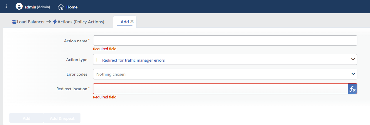 Redirect for Traffic Manager Errors Action Add Form