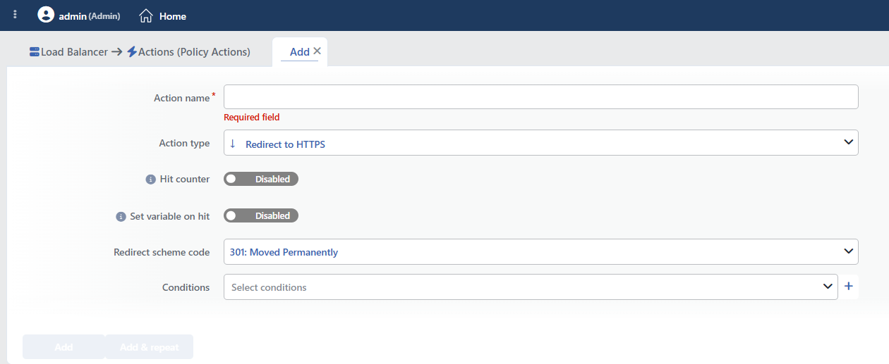 Redirect to HTTPS Action Add Form