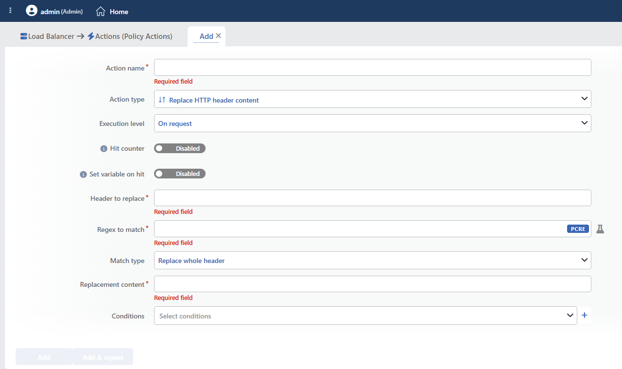 Replace HTTP Header Content Action Add Form