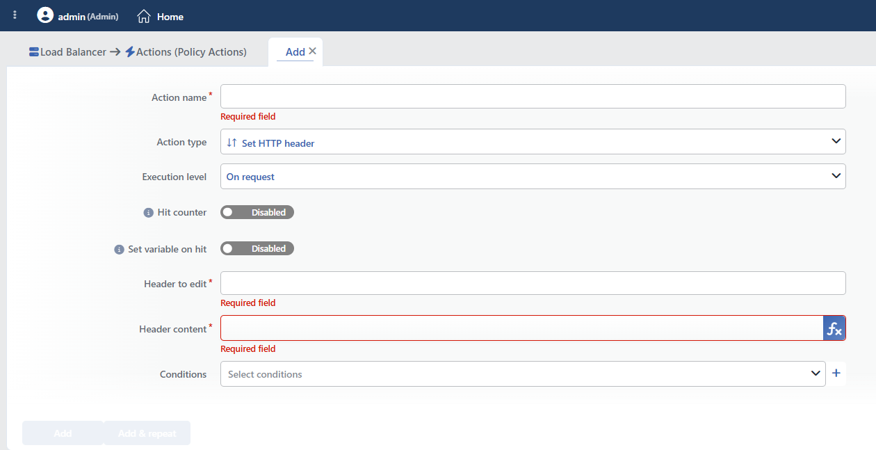 Set HTTP Header Action Add Form