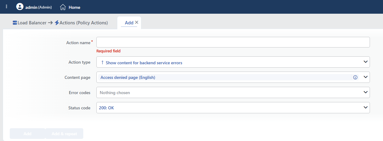 Show Content for Backend Service Errors Action Add Form