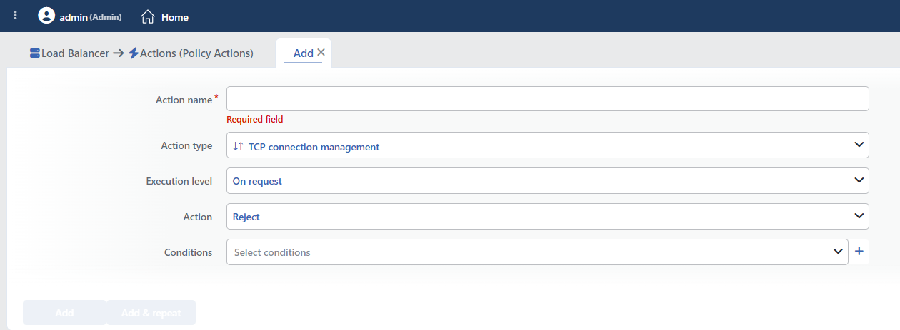 TCP Connection Management Action Add Form