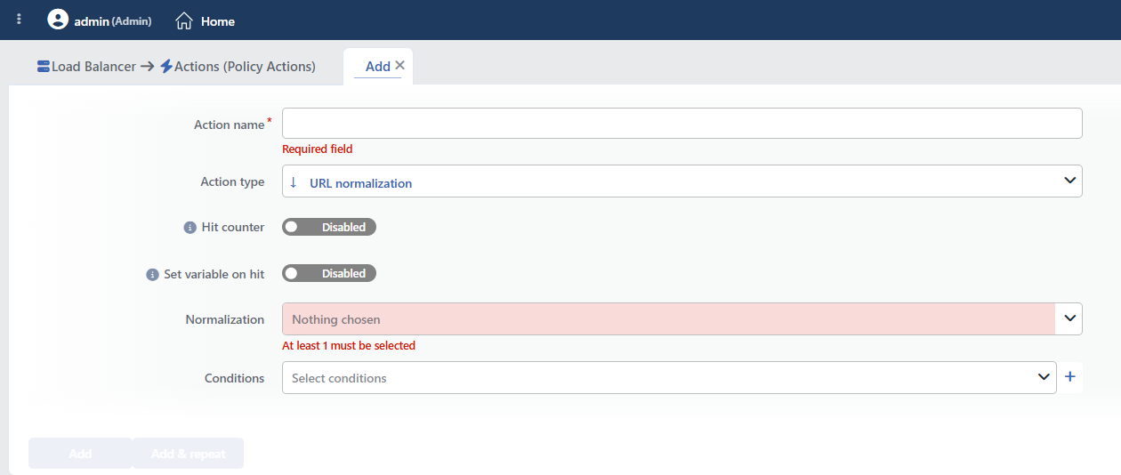 URL Normalization Action Add Form