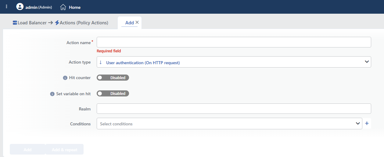 User Authentication (On HTTP Request) Action Add Form