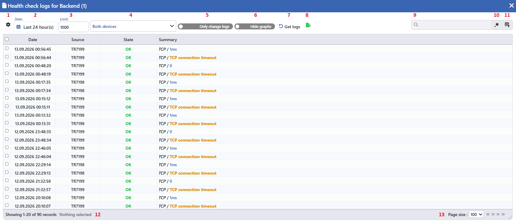 Health Check Logs Listing Screen