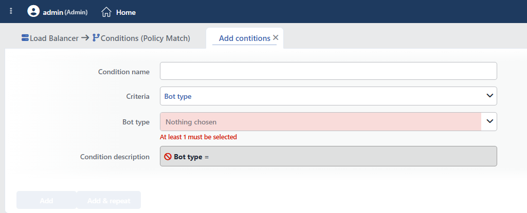 Bot Type Condition Add Form