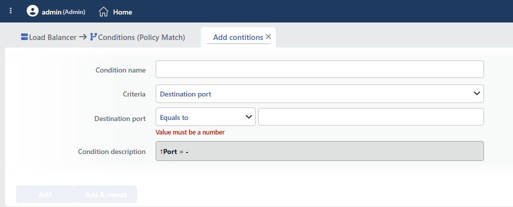Destination Port Condition Add Form