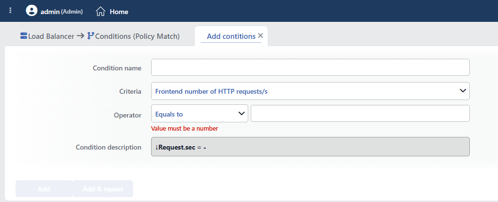 Frontend Number of HTTP Requests /s Condition Add Form