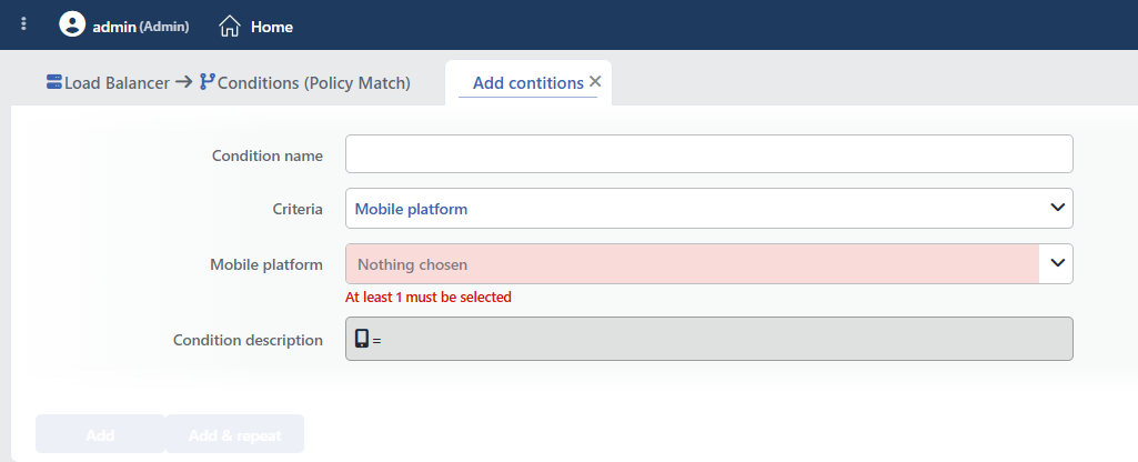 Mobile Platform Condition Add Form