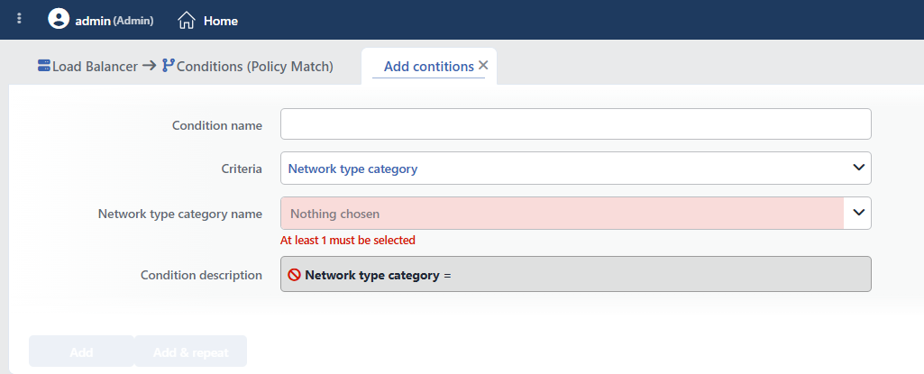 Network Type Category Condition Add Form