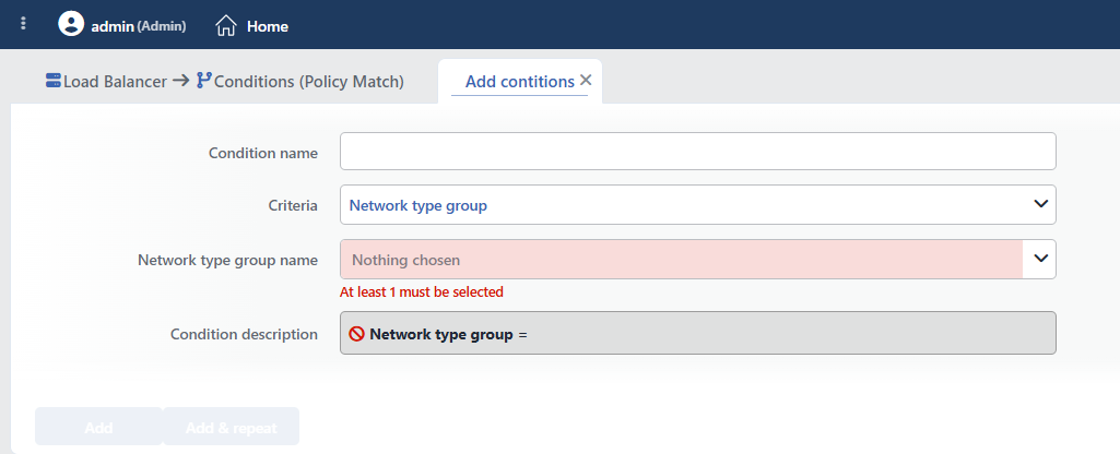 Network Type Group Condition Add Form
