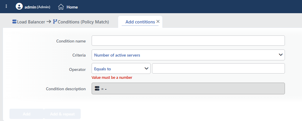 Number of Active Servers Condition Add Form