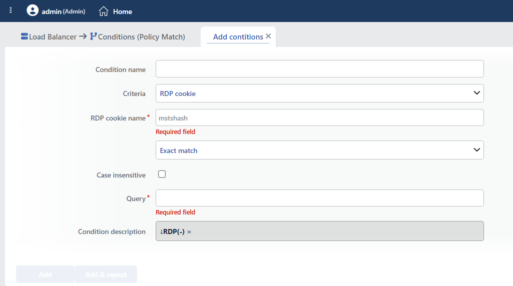 RDP Cookie Condition Add Form