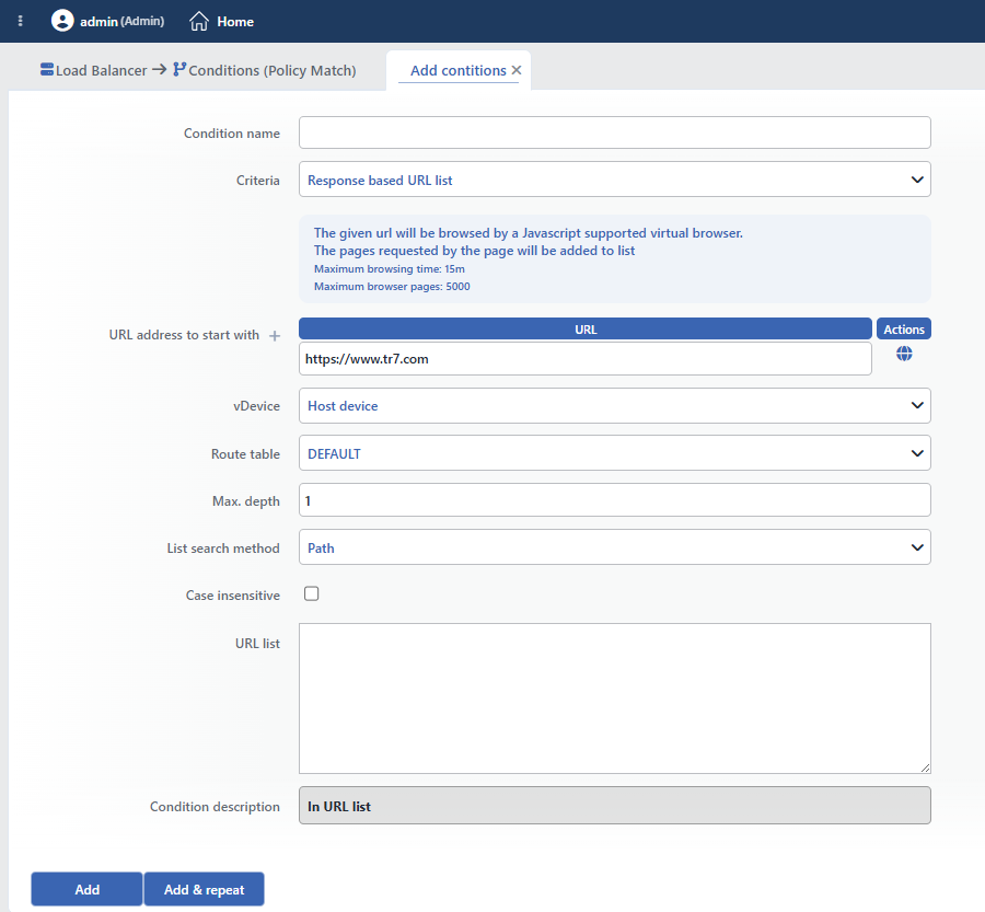 Response Based URL List Condition Add Form