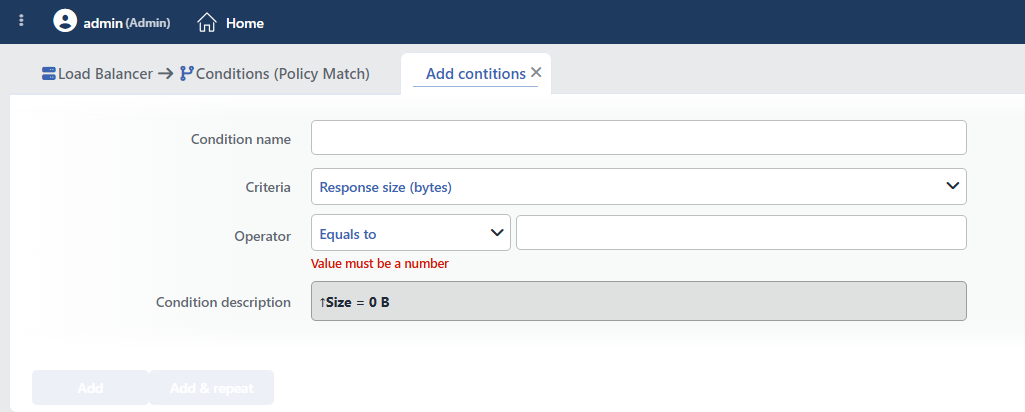 Response Size (bytes) Condition Add Form