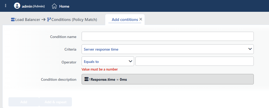 Server Response Time Condition Add Form
