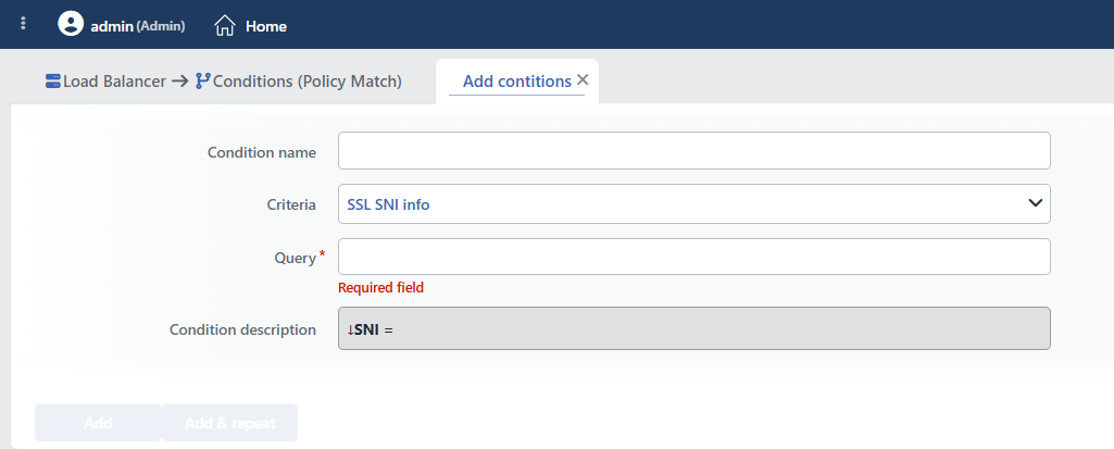 SSL SNI Info Condition Add Form