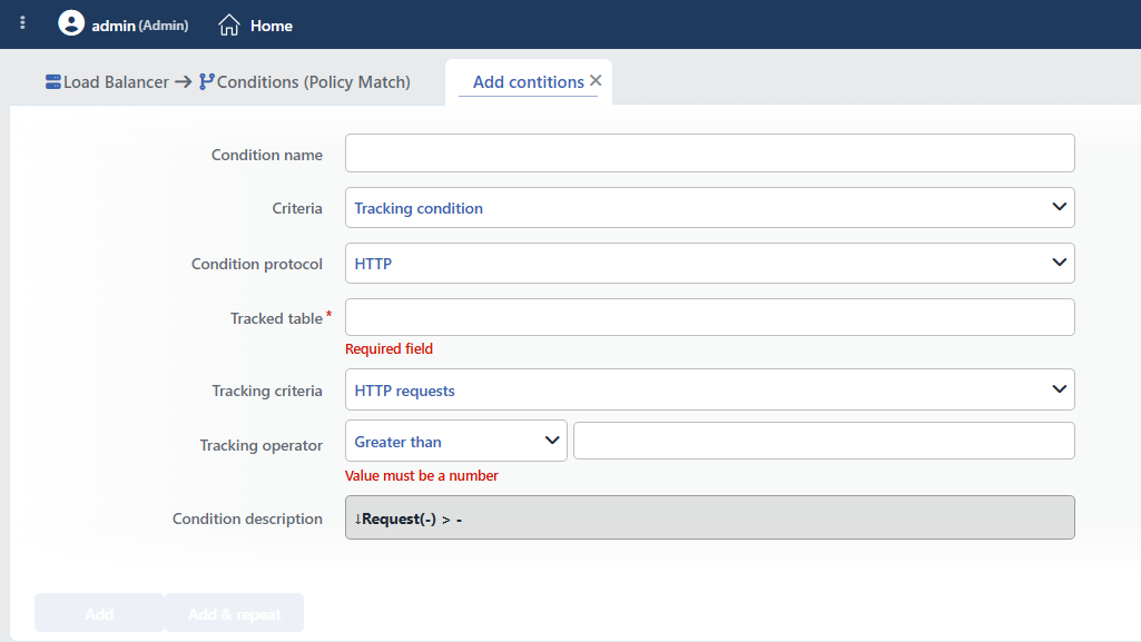 Tracking Condition Add Form
