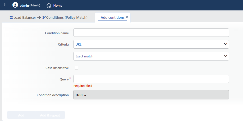 URL Condition Add Form