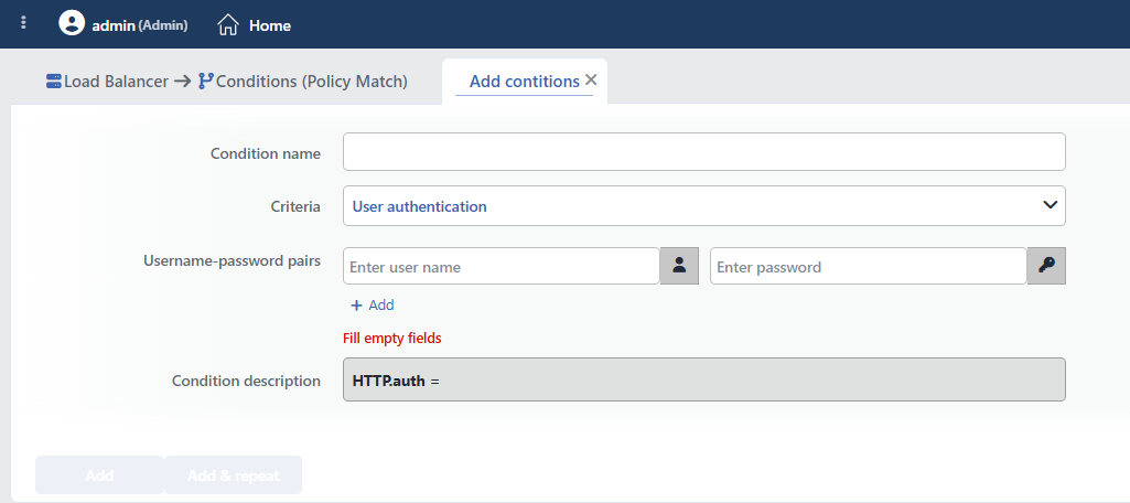 User Authentication Condition Add Form