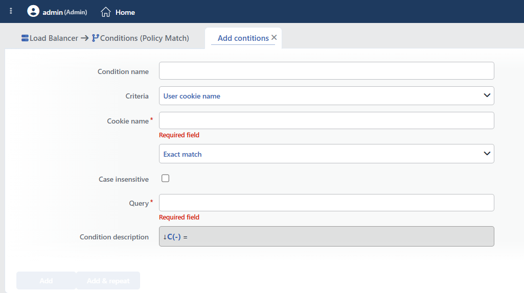 User Cookie Name Condition Add Form