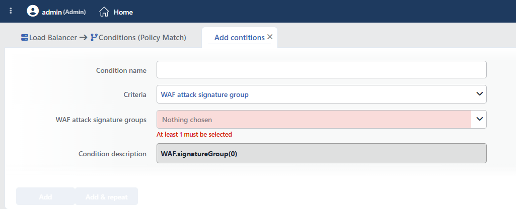 WAF Attack Group Condition Add Form