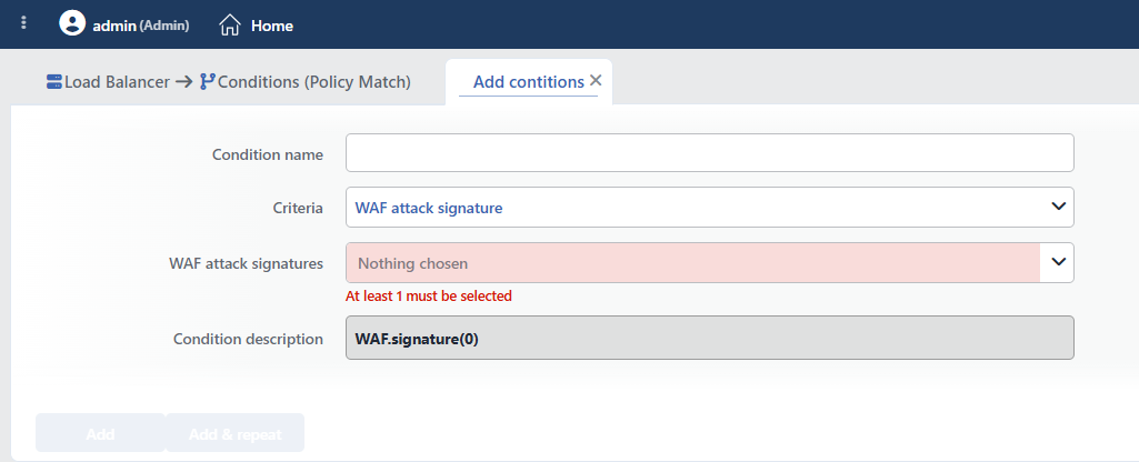 WAF Attack ID Condition Add Form
