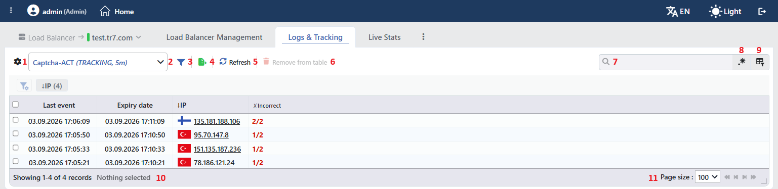 Advanced Captcha (Tracking) Logs Listing Screen