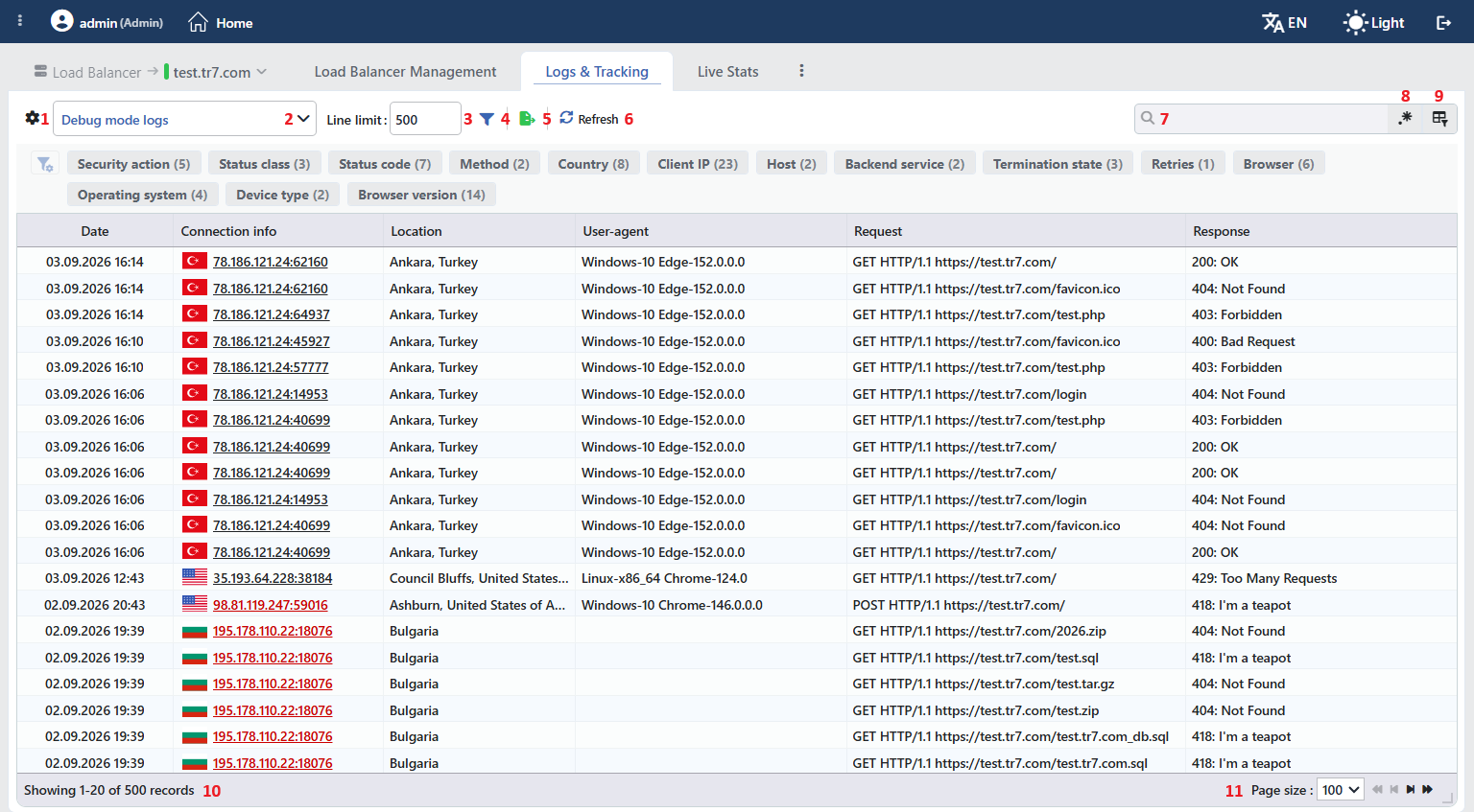 Debug Logs Listing Screen