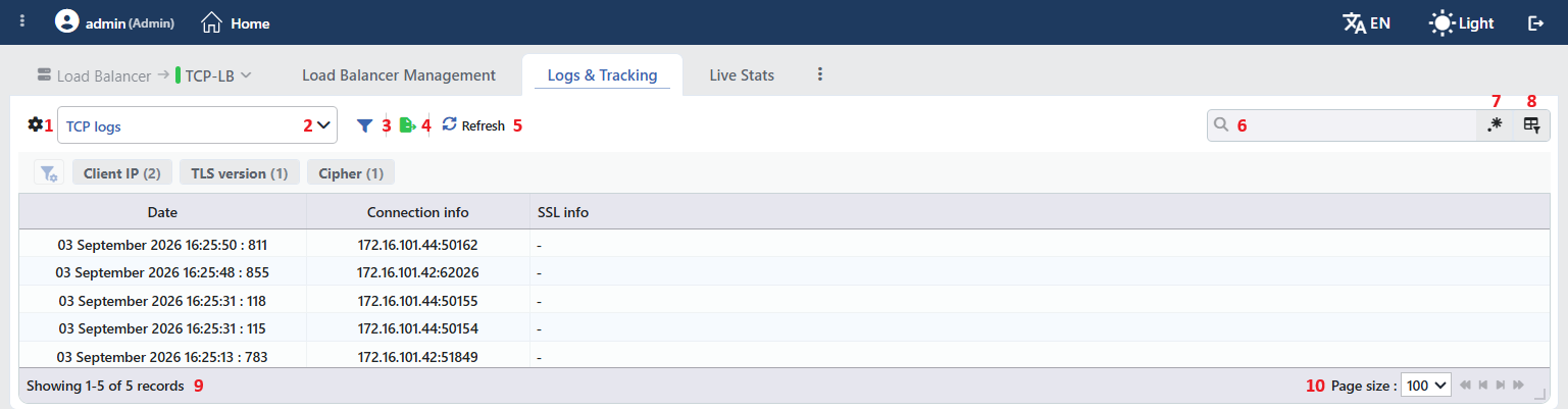 TCP Logs Listing Screen