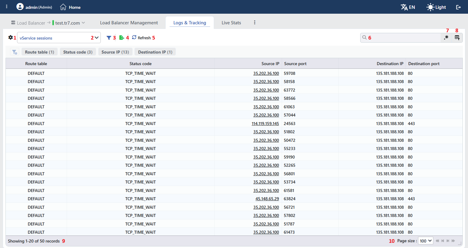vService Sessions Listing Screen