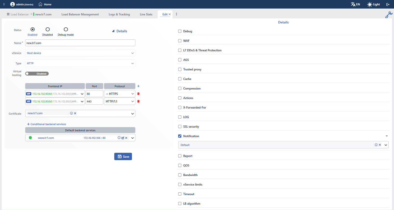 The Notifications Selection on the vService Editing Screen