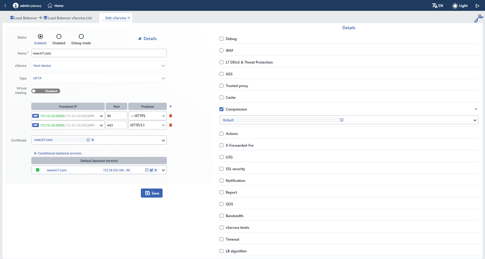 The Compression Selection on the vService Editing Screen