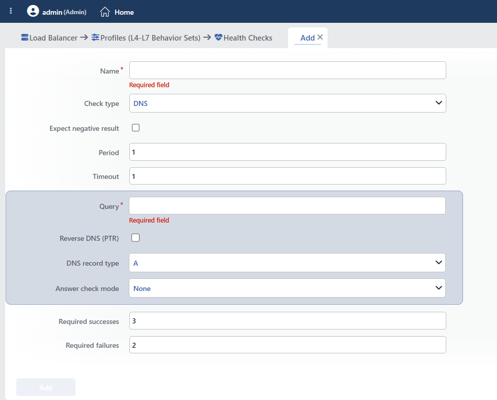 DNS Health Checks Profile Add Form