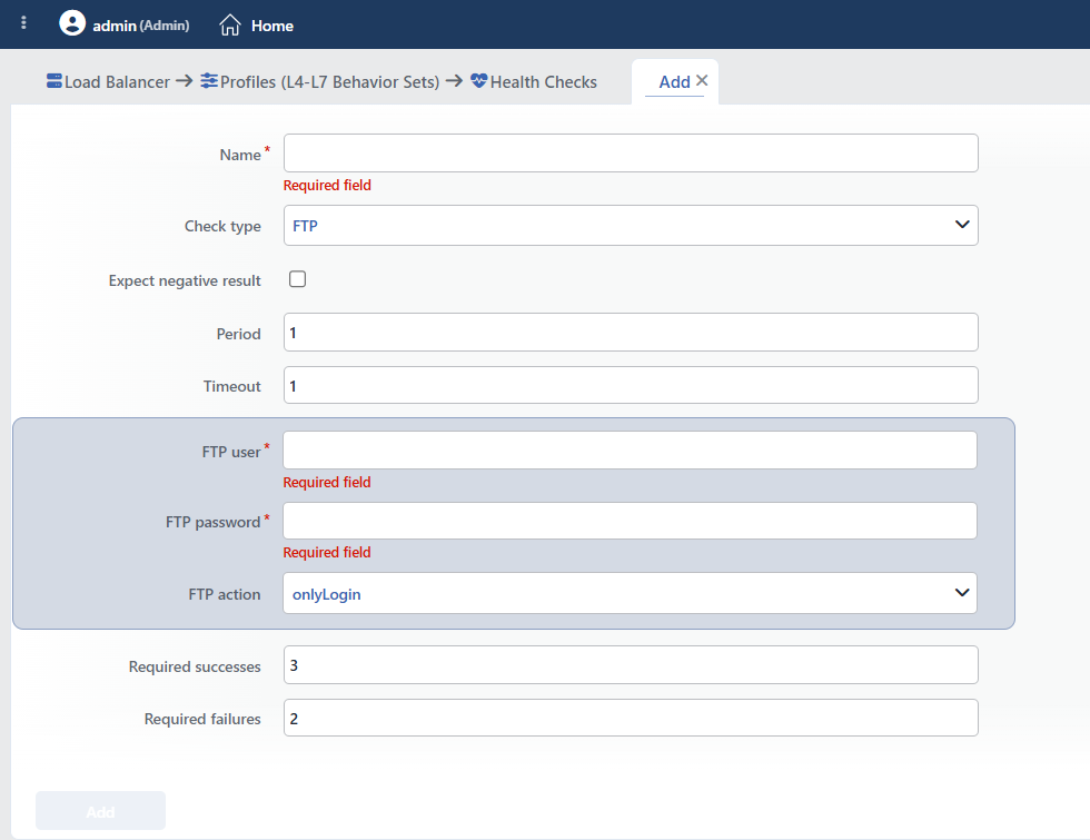 FTP Health Checks Profile Add Form