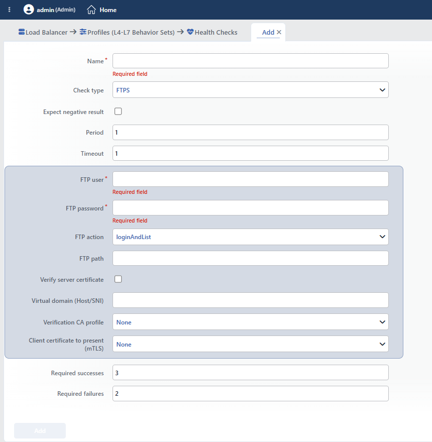 FTPS Health Checks Profile Add Form