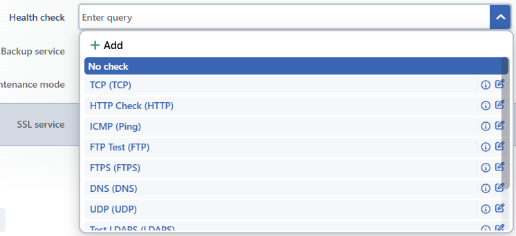 The Health Check Selection on the Backend Service Editing Screen